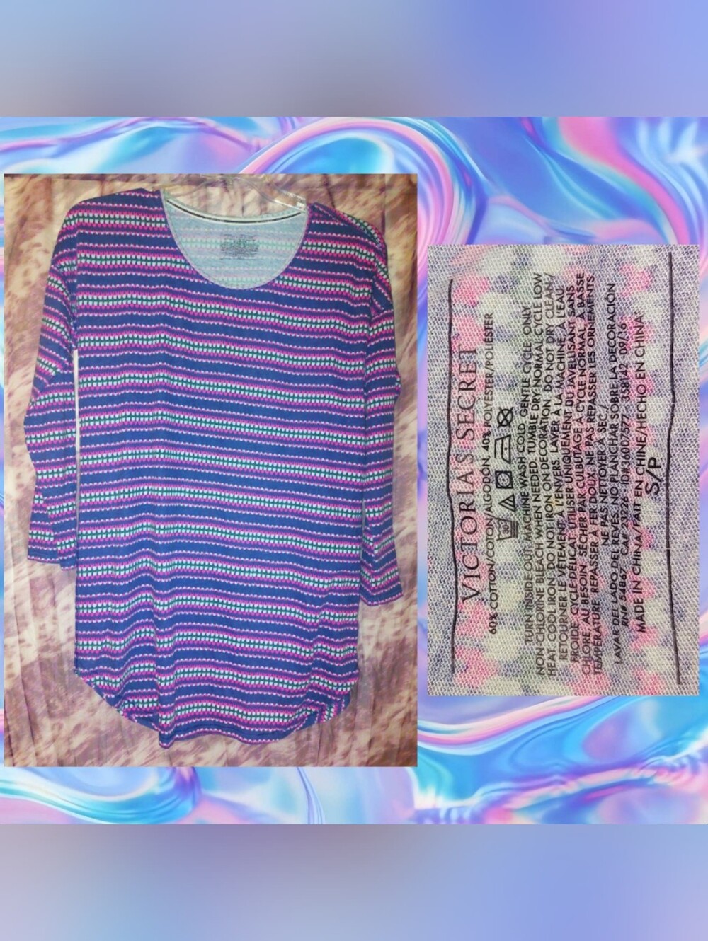 Victoria's Secret Navy Blue/Multiclr Dotted Striped L/S Soft Knit Nightshirt Sml